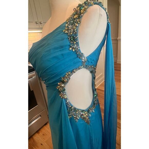 PRECIOUS FORMAL NWT BLUE JEWELED ONE SHOULDER GOWN WAIST JEWELED CUTOUT WOMENS 4 - Picture 4 of 16